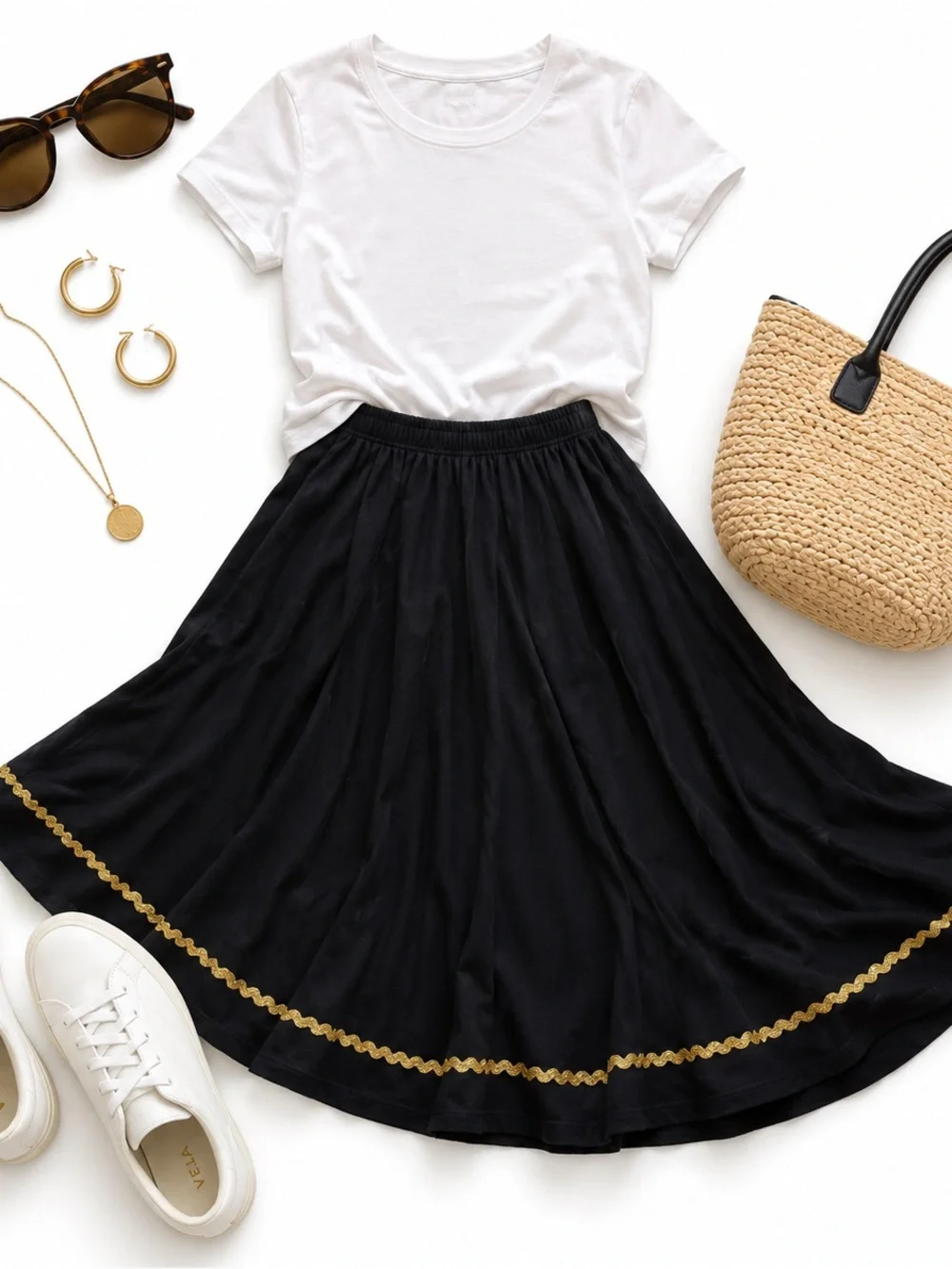 J Jill Black Gold Ric Rac Trim Pull On Midi Soft Swing Skirt Womens Medium EUC